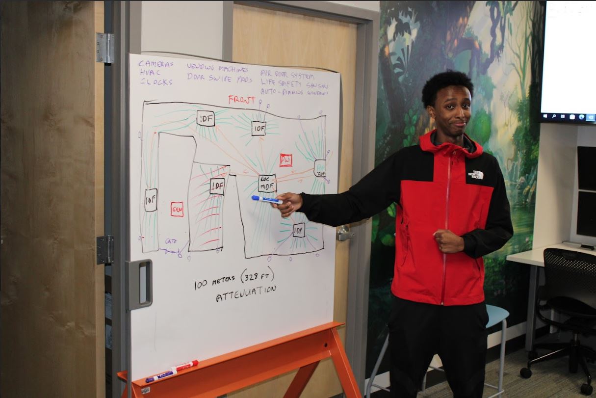 An image of Student Abdullahi showing the camera a diagram